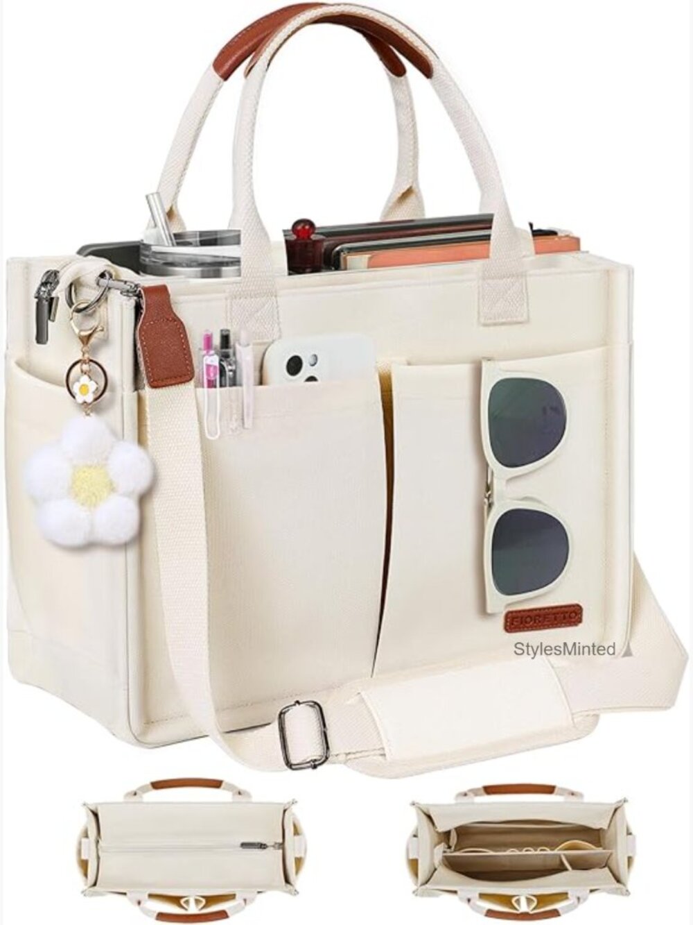 Canvas Tote Bag with Zipper, Luggage Sleeve, Multiple Compartments